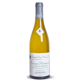 A bottle of 2020 Chassagne-Montrachet 1er Cru en Virondot white wine from Domaine Marc Morey with a label in French.