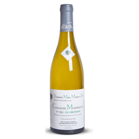 A bottle of 2020 Chassagne-Montrachet 1er Cru en Virondot white wine from Domaine Marc Morey with a label in French.
