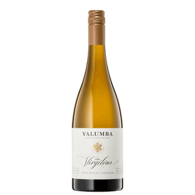 A bottle of Yalumba Virgilius Eden Valley Viognier wine with a pale gold hue and green highlights on the label.